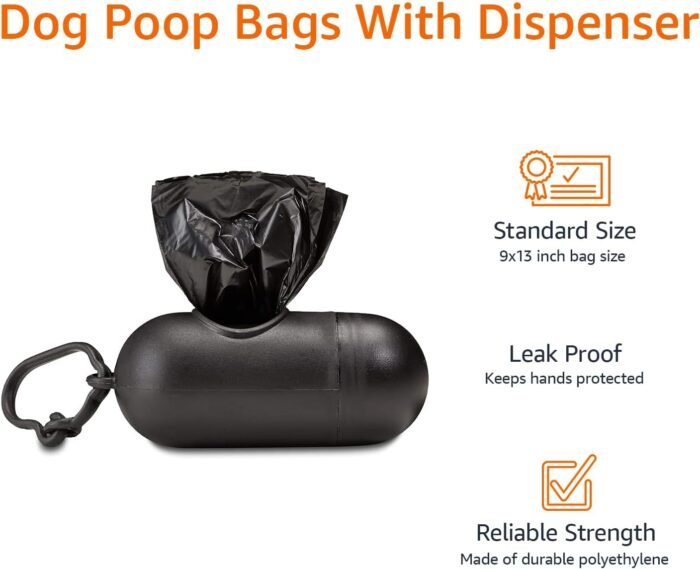 Amazon Basics Dog Poop Leak Proof Bags with Dispenser and Leash Clip, Unscented, 300 Count, 20 Pack of 15, Black, 13 x 9 Inch