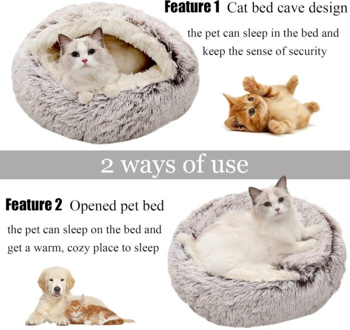 Calming Dog Beds & Cat Cave Bed with Hooded Cover,Removable Washable Round Beds for Small Medium Pets,Anti-Slip Faux Fur Fluffy Coved Bed for Improved Sleep,Fits up to 15/25 lbs(Medium,24"x24")