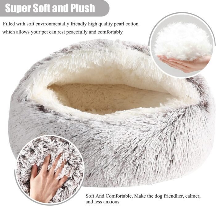 Calming Dog Beds & Cat Cave Bed with Hooded Cover,Removable Washable Round Beds for Small Medium Pets,Anti-Slip Faux Fur Fluffy Coved Bed for Improved Sleep,Fits up to 15/25 lbs(Medium,24"x24")
