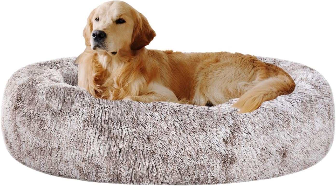 Coohom Oval Calming Donut Cuddler Dog Bed,Shag Faux Fur Cat Bed Washable Round Pillow Pet Bed(30″/36″/43″) for Small Medium Dogs (XL(36″x27″x7″),Light Brown)
