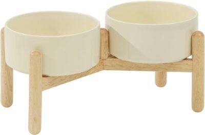 Ceramic Raised Dog Bowl with Stand for Small and Medium Breed Dog Dish Pet Food and Water Bowl (Double Bowl with Stand - Beige, 6" D)