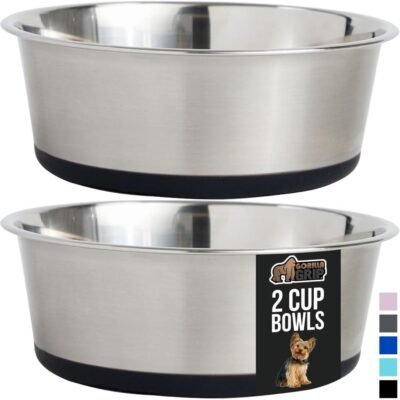 GORILLA GRIP Set of 2 Dog Bowls, Heavy Duty Metal Food and Water Bowl for Feeding Dogs and Cats, Dishwasher Safe, Rust Resistant Stainless Steel, BPA Free Rubber Base, Holds 2 Cups (16 fl oz), Black