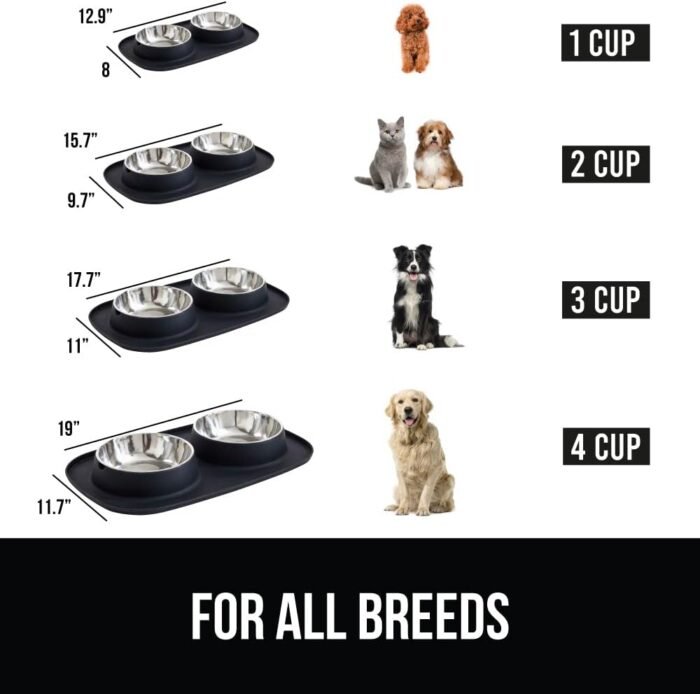 GORILLA GRIP Patent Pending 100% Waterproof BPA Free Cat and Dog Bowls Silicone Feeding Mat Set, Stainless Steel Bowl Slip Resistant Raised Edges, Catch Water, Food, Pet Accessories, 1 Cup, Black