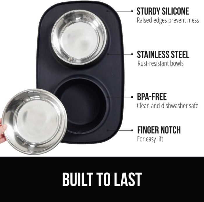 GORILLA GRIP Patent Pending 100% Waterproof BPA Free Cat and Dog Bowls Silicone Feeding Mat Set, Stainless Steel Bowl Slip Resistant Raised Edges, Catch Water, Food, Pet Accessories, 1 Cup, Black