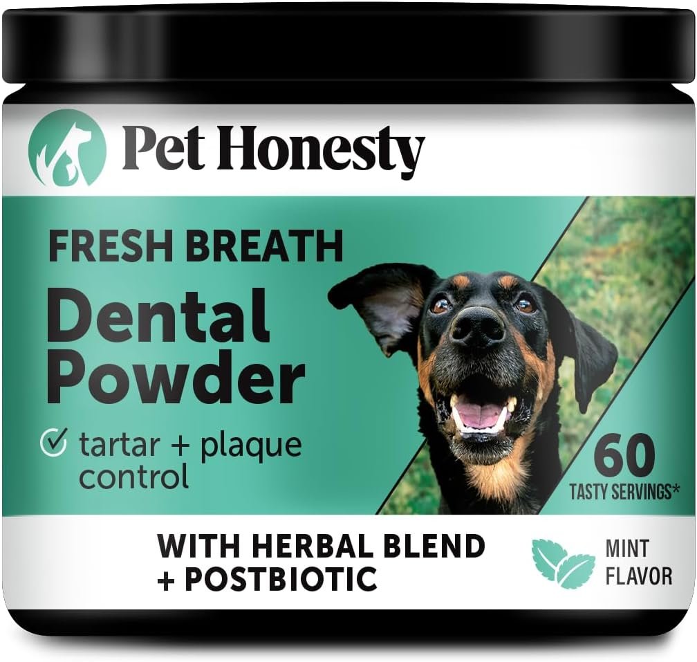 Pet Honesty Dog Breath Freshener Dental Powder for Teeth Cleaning Plaque Off, Dental Care for Large Dogs, Tartar Remover for Teeth with Natural Herbal Blend + Postbiotics (Mint – 60 Servings)