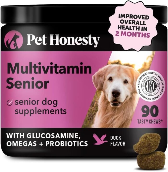 Pet Honesty Senior Dog Multivitamin - Essential Dog Vitamins and Supplements - Glucosamine, Probiotics, Omega Fish Oil for Dogs Health & Heart- Dogs Vitamins Health Supplies (Duck 90 ct)