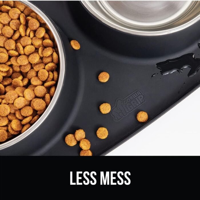 GORILLA GRIP Patent Pending 100% Waterproof BPA Free Cat and Dog Bowls Silicone Feeding Mat Set, Stainless Steel Bowl Slip Resistant Raised Edges, Catch Water, Food, Pet Accessories, 1 Cup, Black