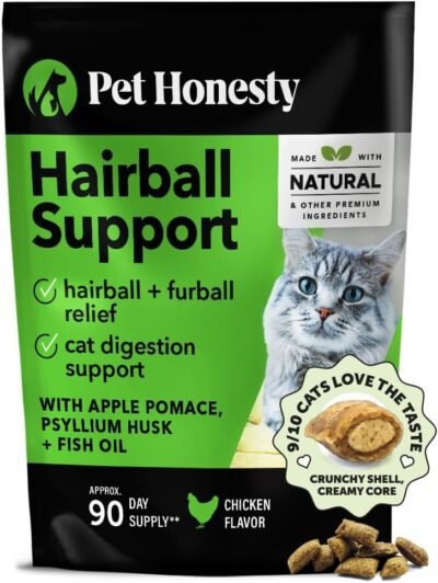 Pet Honesty Cat Hairball Support Crunchy & Creamy Chews, Hairball Remedy Treats, Cat Furball Treatment, Supports Skin & Coat, Digestion, Vitamins & Hairball Medicine, Chicken (90-Day Supply)