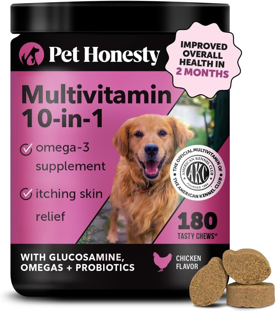 Pet Honesty Dog Multivitamin – 10 in 1 Dog Vitamins for Health & Heart – Fish Oil for Dogs, Glucosamine, Probiotics, Omega Fish Oil – Dog Vitamins and Supplements for Skin and Coat (Chicken 180 ct)