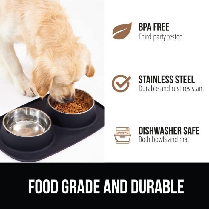 GORILLA GRIP Patent Pending 100% Waterproof BPA Free Cat and Dog Bowls Silicone Feeding Mat Set, Stainless Steel Bowl Slip Resistant Raised Edges, Catch Water, Food, Pet Accessories, 1 Cup, Black
