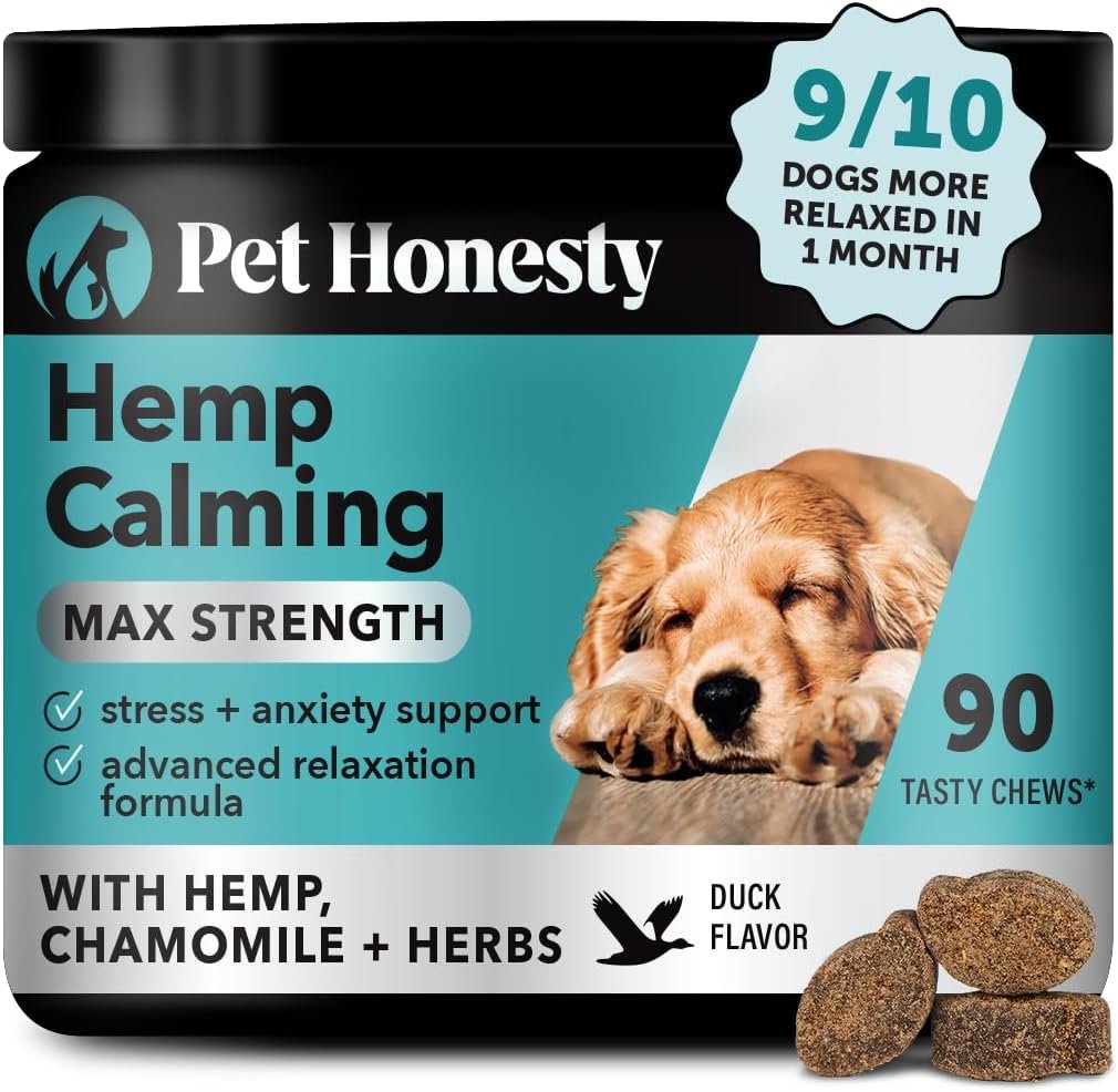 Pet Honesty Natural Hemp Calming Chews for Dogs Maximum Strength – Hemp & Melatonin Dog Anxiety Relief – Calming Aid Supplement with Valerian Root – Stress, Separation & Thunder Support – (Duck 90 Ct)