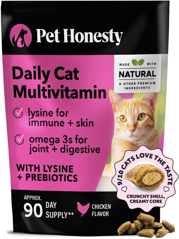 Pet Honesty Cat Multivitamin Chews – Treats for Health + Immune, Joint Support, Skin & Coat, and Digestion | Omega 3s, Lysine for Cats, Cat Probiotic, Vitamins – Chicken (90-Day Supply)