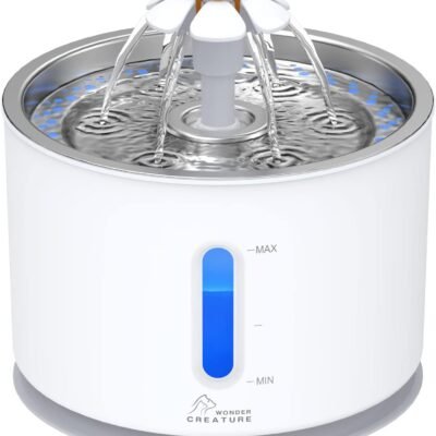 Wonder Creature Cat Water Fountain with Stainless Steel Lid, 2.4L/81oz Automatic Cat Fountain with LED Light and Water Level Window for Cats and Dogs
