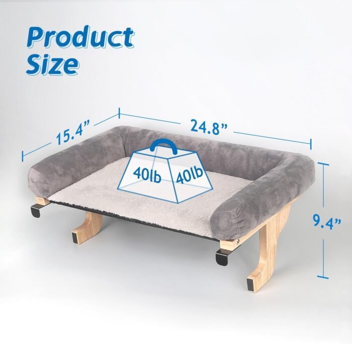 Cat Perch for Window Sill with Bolster - Orthopedic Hammock Design with Premium Hardwood & Robust Metal Frame - Cat Window Seat for Large Cats and Kittens - Natural Color Wood with Gray Bed