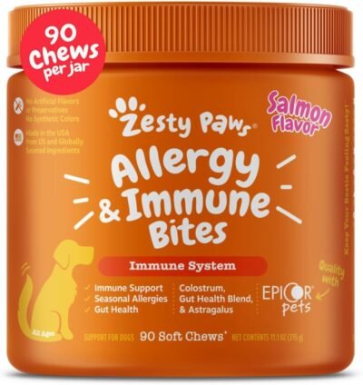 Zesty Paws Dog Allergy Relief- Dog Itching Skin Relief- Dog Probiotics for Itchy Skin and Itchy Ears- Dog Allergy Paw Relief- Dog Allergy Chews- Dog Itch Relief- Dog Skin Allergy Relief- Salmon- 90ct