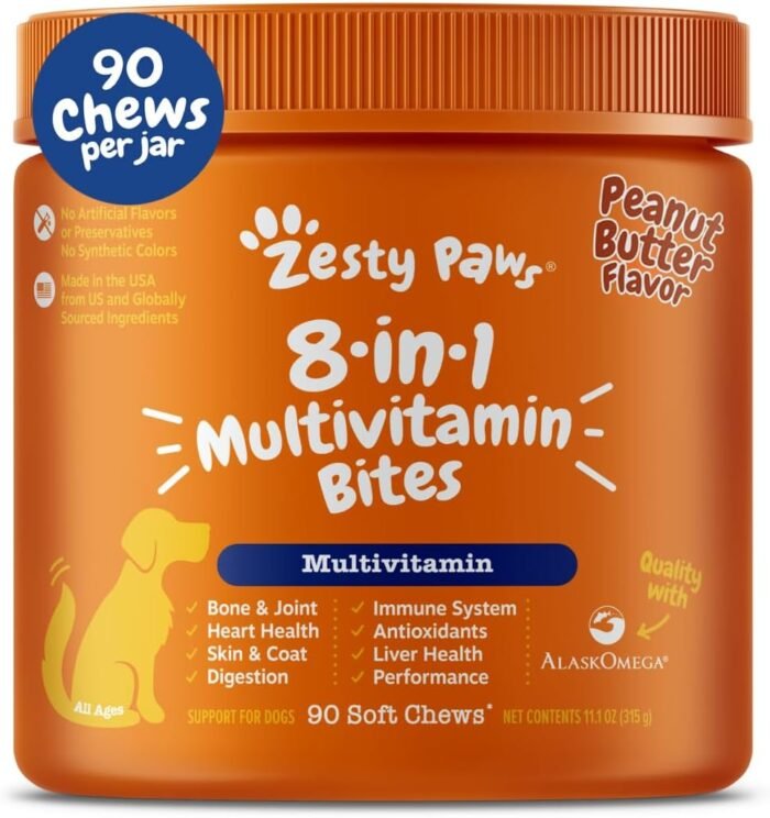 Zesty Paws Dog Multivitamin, Chewable Dog Vitamins and Supplements for Hip & Joints, Skin & Coat, Omega 3 Fish Oil for Dogs- Senior & Puppy Multivitamin - Peanut Butter- 90ct