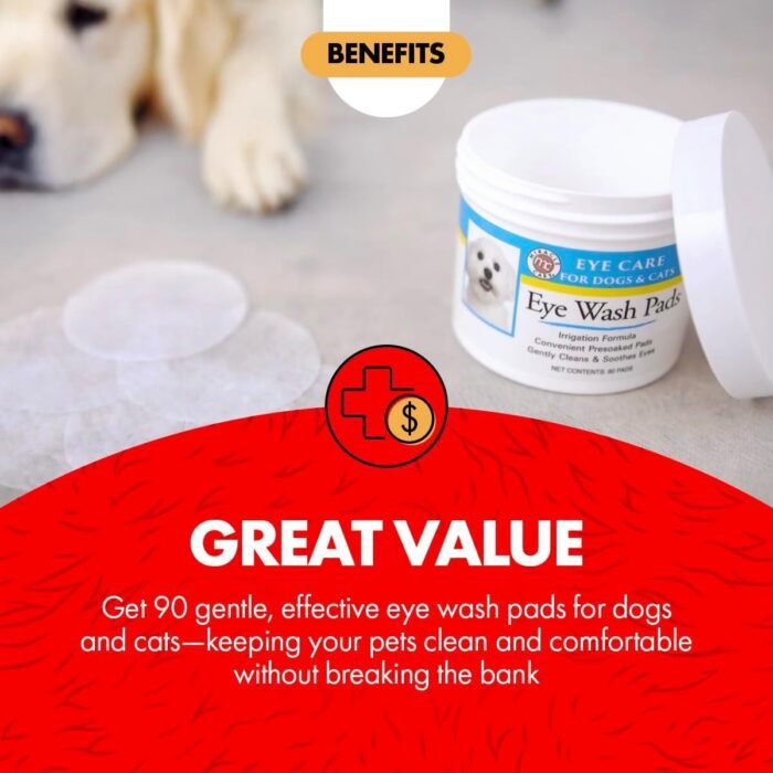 Miracle Care Eye Wash Pads - 90 count; Eye Care for Dogs and Cats, Soft Pet Wipes for Gently Cleaning Eyes, Sterile Cat and Dog Wipes Formulated to Remove Eye Debris