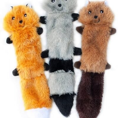 ZippyPaws Skinny Peltz - Fox, Raccoon, & Squirrel - No Stuffing Squeaky Dog Toys, Unstuffed Chew Toy for Small & Medium Breeds, Bulk Multi-Pack of 3 Soft Plush Toys, Flat No Stuffing Puppy Toys - 11"
