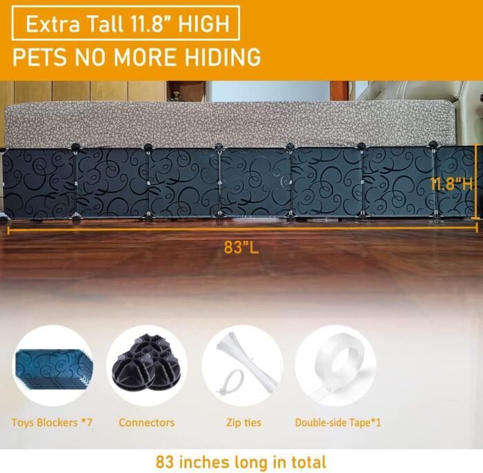 Toy Blocker, Extra Tall Size Gap Bumper for Under Bed, Stop Pets Toys Going Under Bed or Sofa Couch, Easy to Install, 11.8" Height 83" Length,Black