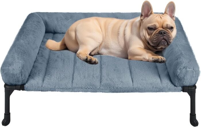 Veehoo Cooling Elevated Dog Bed + Removable Fluffy Plush Pillow Cushion, Raised Dog Bed with Washable Bolster Mat, Breathable Teslin Mesh, No-Slip Feet, 32" x 25" Dog Couch Bed, Haze Blue, CWC2331E
