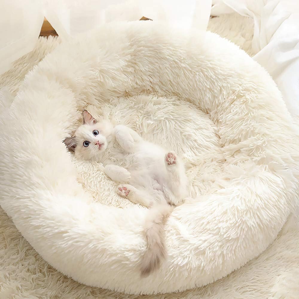 Cat Beds for Indoor Cats,20’’x20’’ Washable Donut and Dog Bed,Soft Plush Pet Cushion,Waterproof Bottom Fluffy Calming Self-Warming Bed Sleep Improvement,White