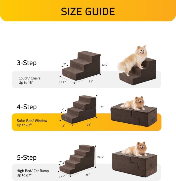 Dog Stairs for High Bed, Extra Wide Dog Steps for Bed Couch Sofa, 35D Foam Pet Steps for Small Dogs and Cats, Pet Stairs 2 in 1 with Non-Slip Bottom Brown, 5 Steps