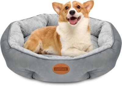 Nobleza Dog Bed Medium Size Dog, Plush Anti Anxiety Donut Round Orthopedic Dog Bed for Sleeping, Supportive Washable Calming Warming Soft Non-Slip Cat Beds for Indoor Cats Washable, 28in, Light Grey