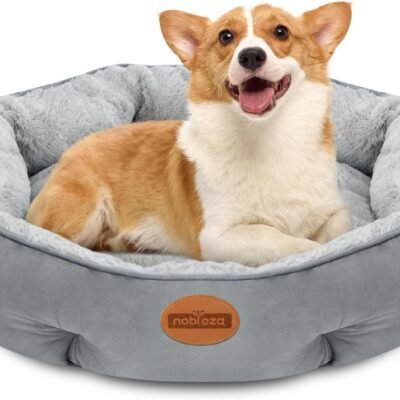 Nobleza Dog Bed Medium Size Dog, Plush Anti Anxiety Donut Round Orthopedic Dog Bed for Sleeping, Supportive Washable Calming Warming Soft Non-Slip Cat Beds for Indoor Cats Washable, 28in, Light Grey
