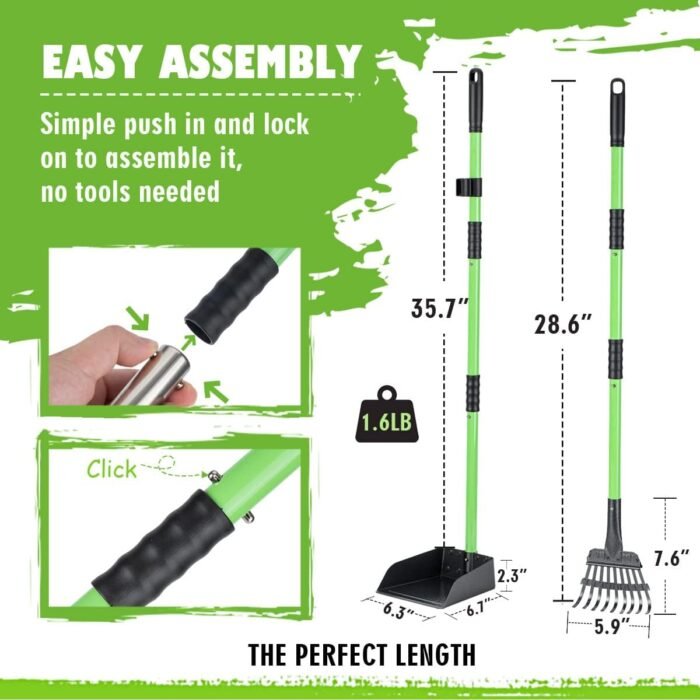 MXF Pooper Scooper, Dog Pooper Scooper Long Handle Stainless Metal Tray and Rake Set for Medium Small Dogs Heavy Duty - Use on Grass, Dirt or Gravel - Pet Supplies (Green)