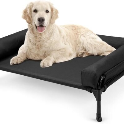 Veehoo Elevated Raised Dog Bed-Cooling Outdoor Dog Cot Bed for Large Sized Dogs Three-Sided Fence Raised Pet Cot with Mesh & No-Slip Feet Dog Hammock Bed with Removable Bolster-35 x 22" Black