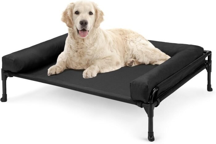 Veehoo Elevated Raised Dog Bed-Cooling Outdoor Dog Cot Bed for Large Sized Dogs Three-Sided Fence Raised Pet Cot with Mesh & No-Slip Feet Dog Hammock Bed with Removable Bolster-35 x 22" Black