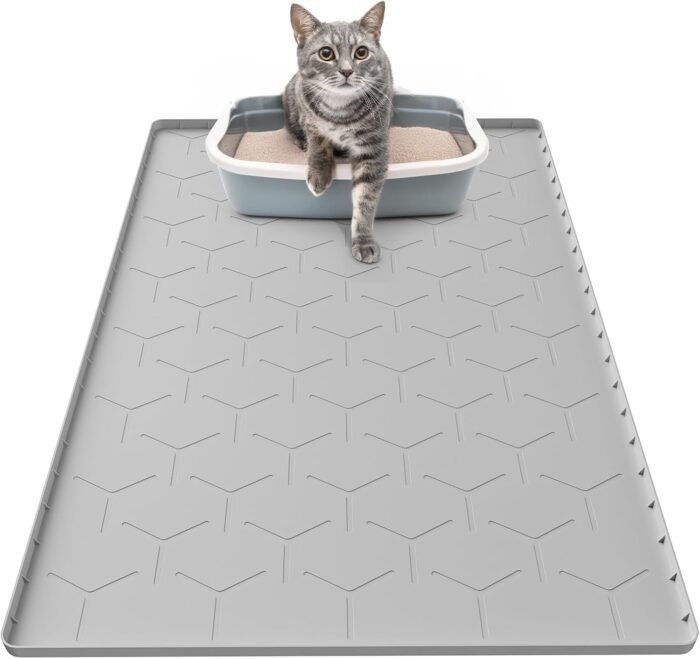 Cat Mat for Litter Box, Large 34" X 22" Cat Litter Mat, Waterproof Silicone Pad for Floor, Gray