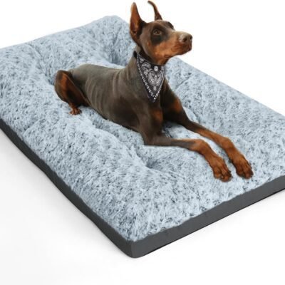POCBLUE Deluxe Washable Dog Bed for Large Dogs Dog Crate Mat 36 Inch Comfy Fluffy Kennel Pad Anti-Slip for Dogs Up to 60 lbs, 36" x 23", Grey