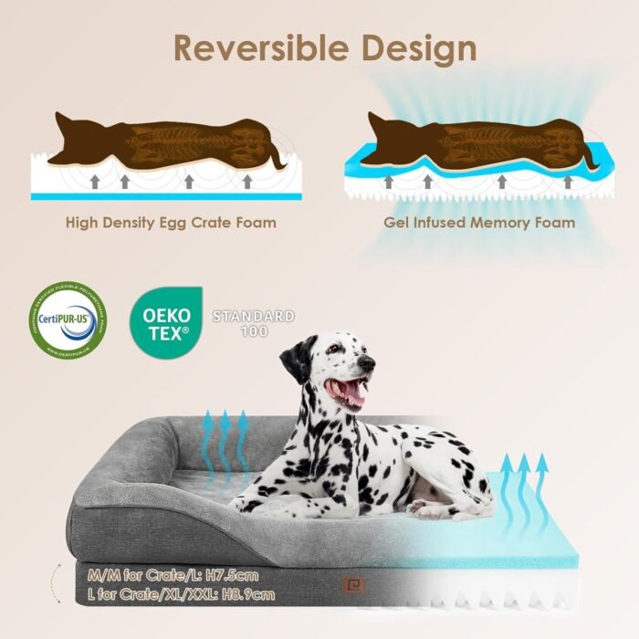 EHEYCIGA Memory Foam Dog Bed for Large Sized Dog, Orthopedic Dog Sofa Bed with Sides and Waterproof Liner, Washable Bolster Pet Bed Couch with Removable Cover, 36x27x7 Inch, Grey