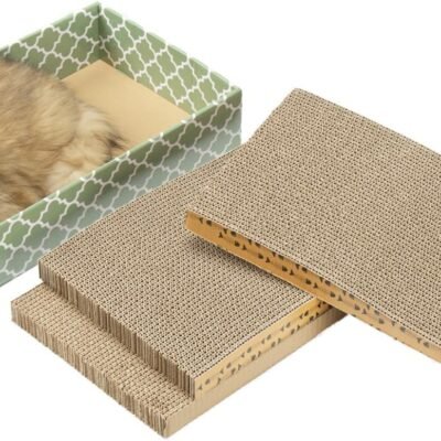 MECOOL Cat Scratching Board，3PC Scratch Pad with Box，Reversible Corrugated Scratcher Cardboard and Lounge Bed for Indoor Cats, Catnip