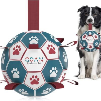 QDAN Dog Balls Toys, Soccer Ball with Straps, Puppy Birthday Gifts, Dog Water Toy, Durable Herding Balls for Small Medium Dogs, Interactive Toys for Tug of War (6 Inch)