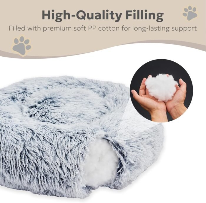Calming Donut Dog Beds for Medium Size Dog and Large Size Dog, Round Calming Pet Bed Washable and Anti-Slip, Warming Cozy Fluffy Faux Fur Plush Cushion Bed(Light Grey, 30")