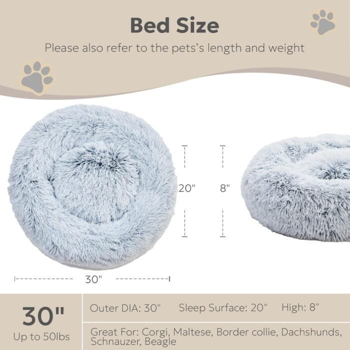 Calming Donut Dog Beds for Medium Size Dog and Large Size Dog, Round Calming Pet Bed Washable and Anti-Slip, Warming Cozy Fluffy Faux Fur Plush Cushion Bed(Light Grey, 30")