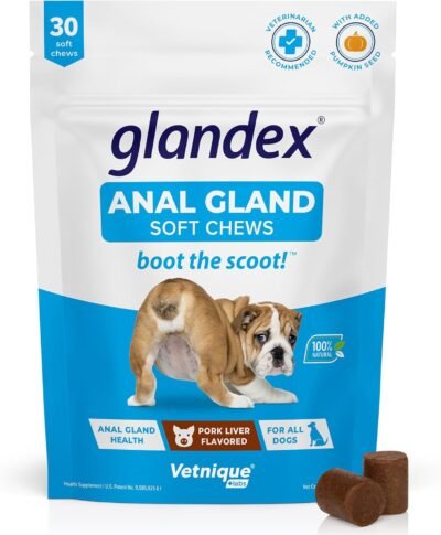 Vetnique Labs Glandex Anal Gland Soft Chew Treats with Pumpkin for Dogs Digestive Enzymes, Probiotics Fiber Supplement for Dogs Boot The Scoot (Pork Liver Chews, 30 Count)