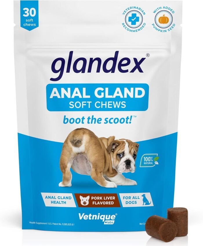 Vetnique Labs Glandex Anal Gland Soft Chew Treats with Pumpkin for Dogs Digestive Enzymes, Probiotics Fiber Supplement for Dogs Boot The Scoot (Pork Liver Chews, 30 Count)