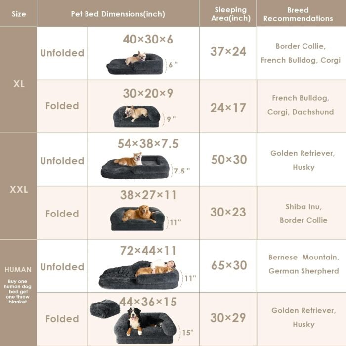 EHEYCIGA Foldable Human Dog Bed for Adult, Orthopedic Memory Foam Dog Bed for Humans, Waterproof Human Dog Bed for People, Faux Fur Human Sized Dog Bed, Dark Grey, 72"x44"x11"