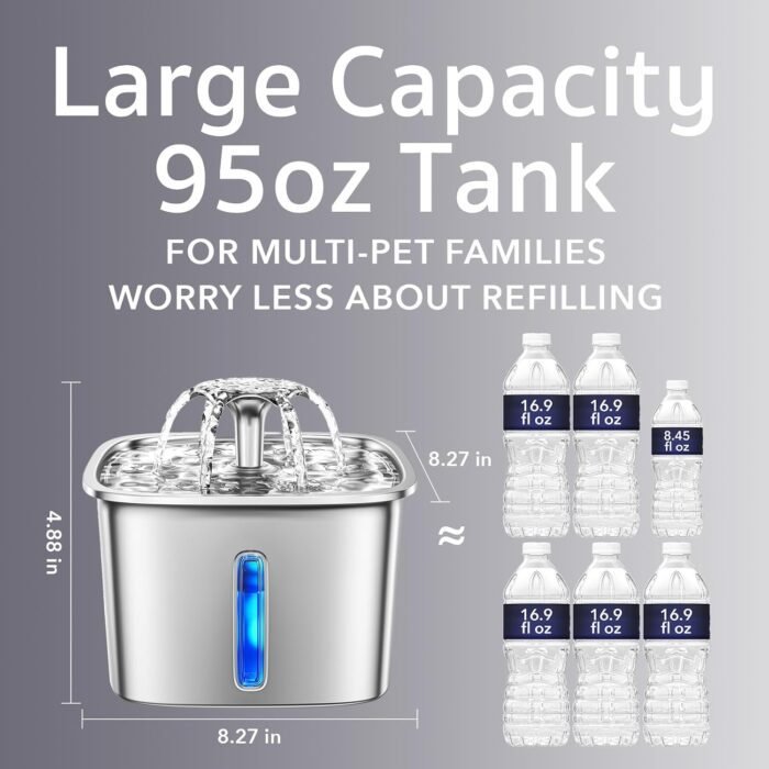 Veken Innovation Award Winner Stainless Steel Cat Water Fountain, 95oz/2.8L Automatic Pet Fountain Dog Water Dispenser with Replacement Filters & Silicone Mat for Cats, Dogs, Multiple Pets (Silver)