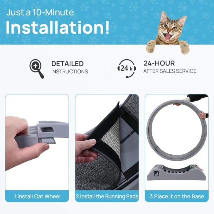 Cat Exercise Wheel, 31.5 Inch Cat Treadmill for Indoor Cats, Cat Running Wheel with Carpeted Runway, Easy to Install & Fitness & Health, Suitable for Most Cats, Plastic Cat Wheel