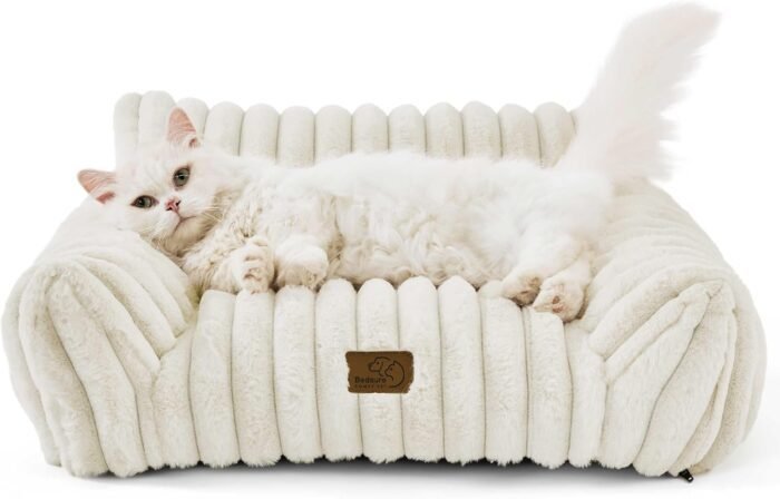 Bedsure Cute Couch for Pets - Fluffy Cat Sofa with Premium Soft Corduroy Fleece, Fuzzy Couch Bed with Removable Washable Cover, Supportive Cat Chair for Indoor Cats, 24inch, Cream