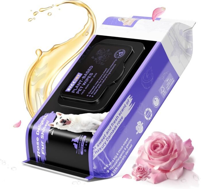HICC PET Cleaning Deodorizing Wipes for Dogs & Cats, Vet Recommended Nourishes Smoothes Fur Pet Grooming Wipes with Fermented Coconut Oil, Hypoallergenic Dog Wipes for Paws and Butt, Face, Body