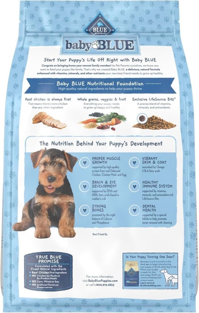 Blue Buffalo Baby Blue Natural Dry Food for Puppies, Healthy Growth Formula with DHA, Savory Chicken Recipe, 4-lb. Bag