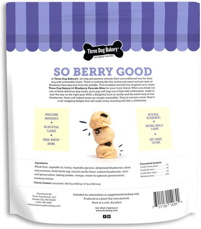 Three Dog Bakery Blueberry Pancake Bites - Dog Treats with Real Blueberries & Vanilla, Dog Training Treats, Puppy Treats, Dog Treat Cookies