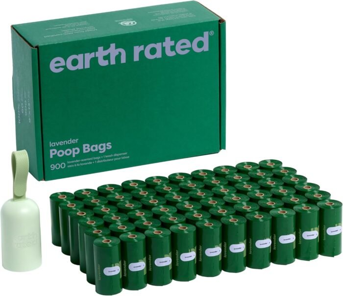Earth Rated Dog Poop Bag Holder with Bags, Durable and Guaranteed Leakproof, Lavender Scented, 1 Dispenser and 900 Count