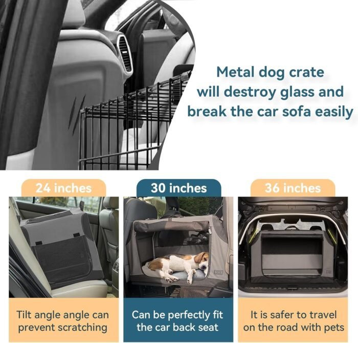 PETSFIT Travel Dog Crate, Soft Dog Crate - 30 Inch Sturdy Adjustable Structure, Easy to Set Up, Dog Crate for Car, Light Tough with 3 Mesh Doors Grey