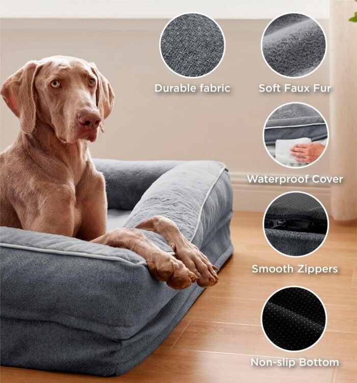 Made4Pets Orthopedic Dog Bed for Large Dogs, Supportive Foam Big Large Pet Bed Sofa with Washable Removable Cover, Waterproof Dog Couch Bed, Non-Slip Bottom and Egg-Crate Foam, Grey